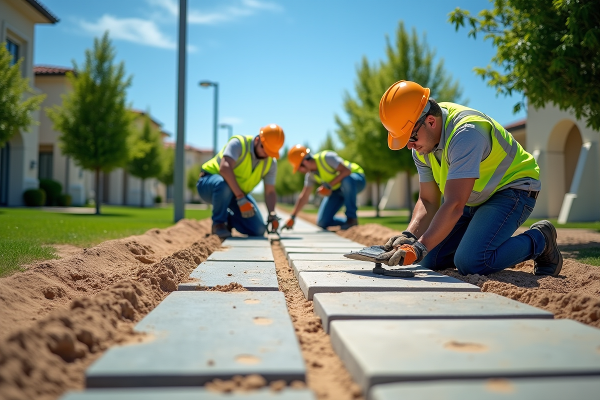 Travailleurs réparant pavés décalés avec outils et ciel bleu