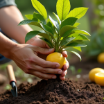 Expert jardinier repique un citronnier en extérieur