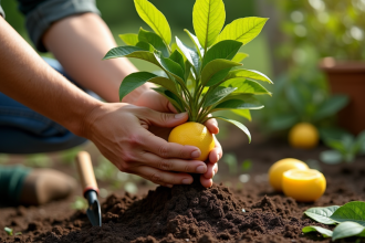 Expert jardinier repique un citronnier en extérieur