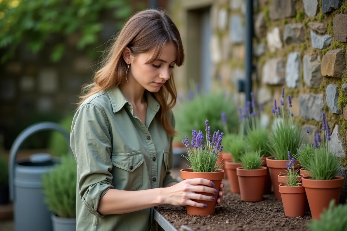 Jeune femme repiquant des boutures de lavande dans des petits pots en terre cuite au jardin