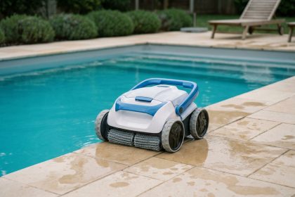 Robot de piscine sans fil posé au bord d'une piscine rectangulaire extérieure avec eau turquoise et carrelage en pierre claire