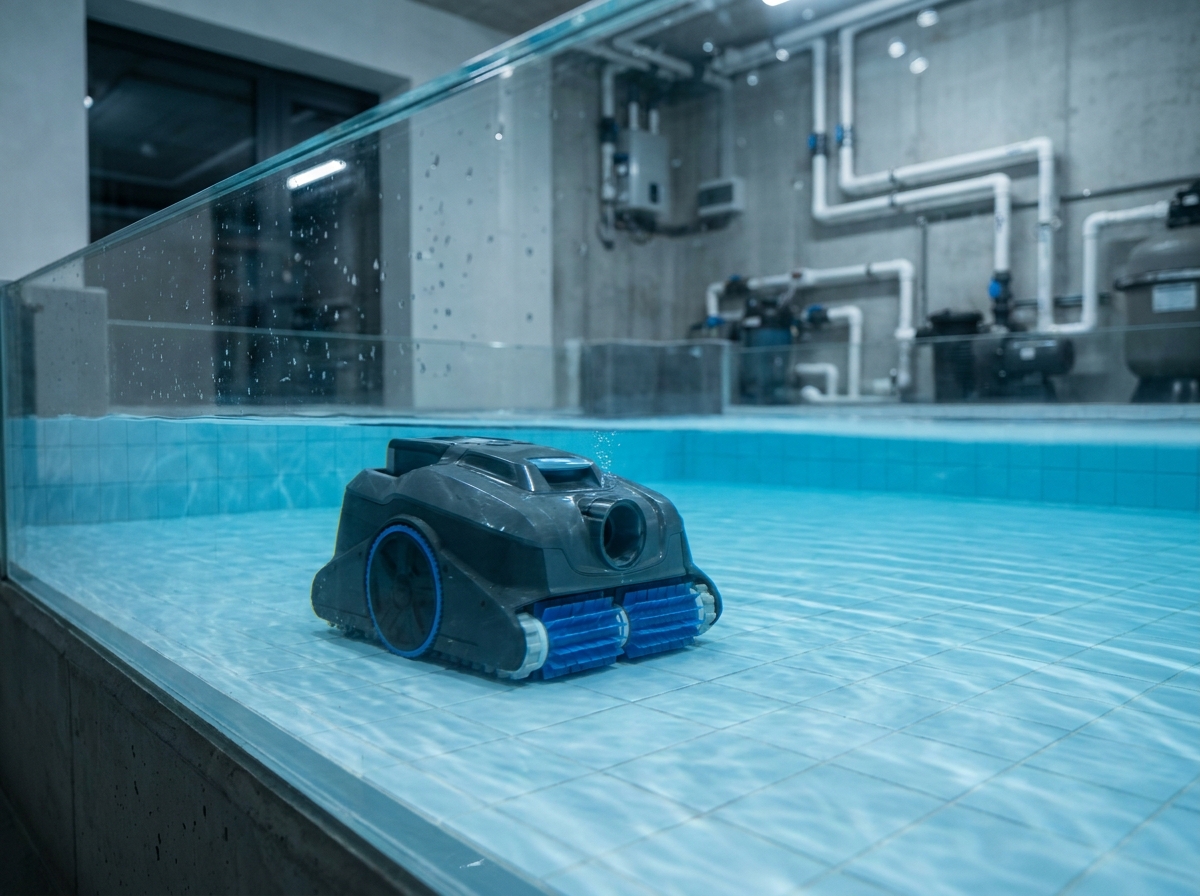 Robot nettoyeur de piscine sans fil en action sur le fond de la piscine vu à travers une paroi vitrée