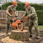 Professionnel utilisant une machine à rognage de souche sur un tronc de chêne de grande taille dans un jardin résidentiel