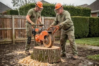 Professionnel utilisant une machine à rognage de souche sur un tronc de chêne de grande taille dans un jardin résidentiel