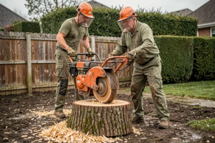 Professionnel utilisant une machine à rognage de souche sur un tronc de chêne de grande taille dans un jardin résidentiel