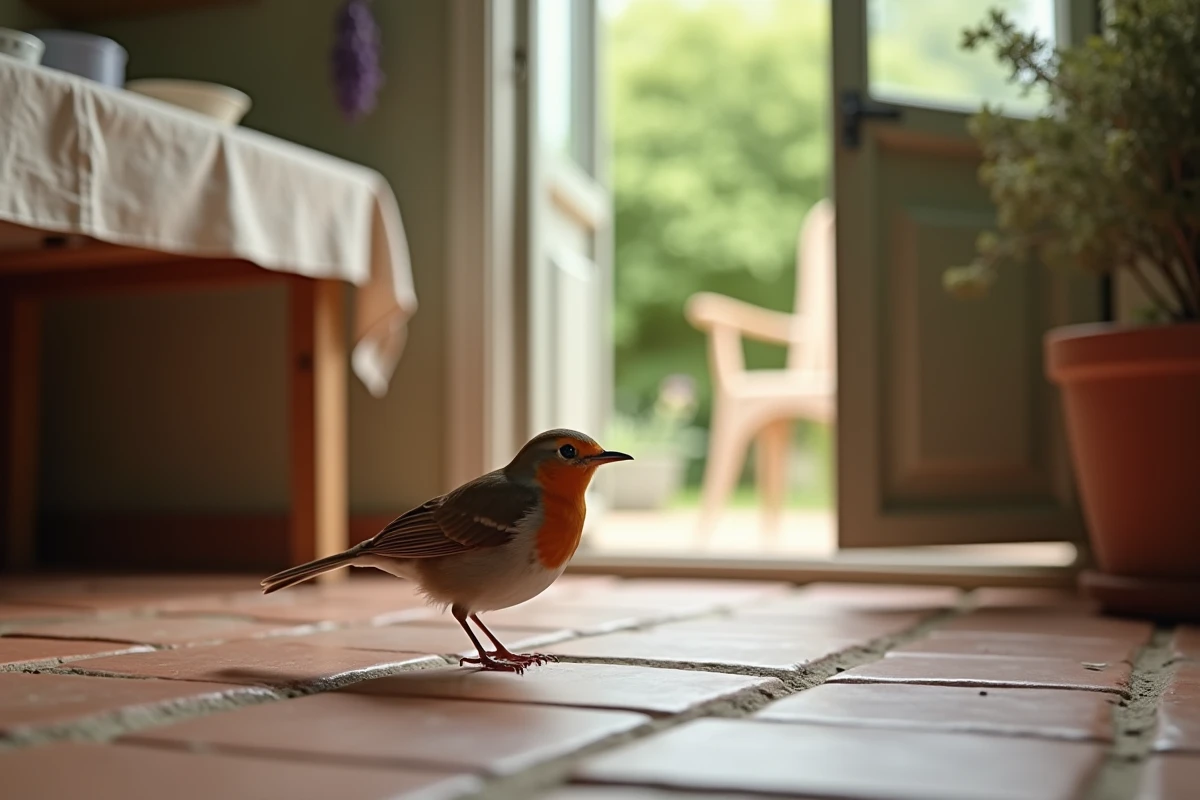 Robin des bois entré dans une cuisine rustique par une porte ouverte sur le jardin