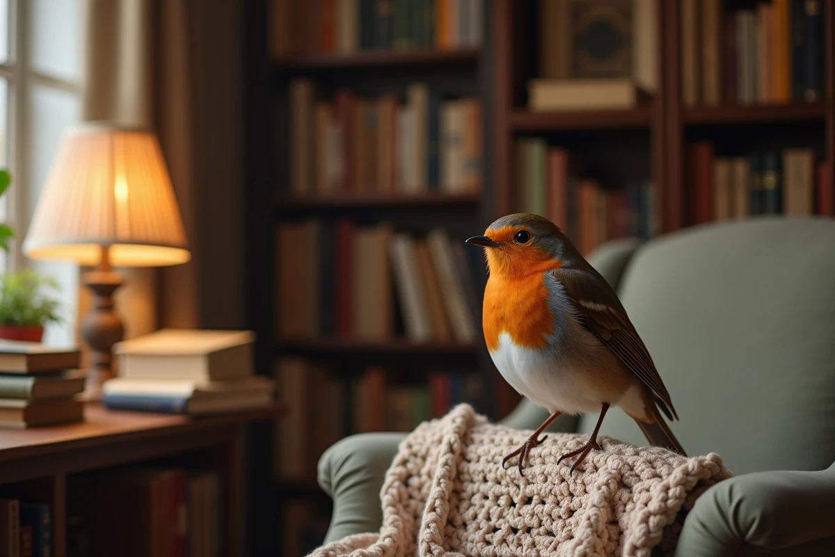Rouge-gorge posé sur le dossier d'une chaise dans un salon avec bibliothèque et fauteuil