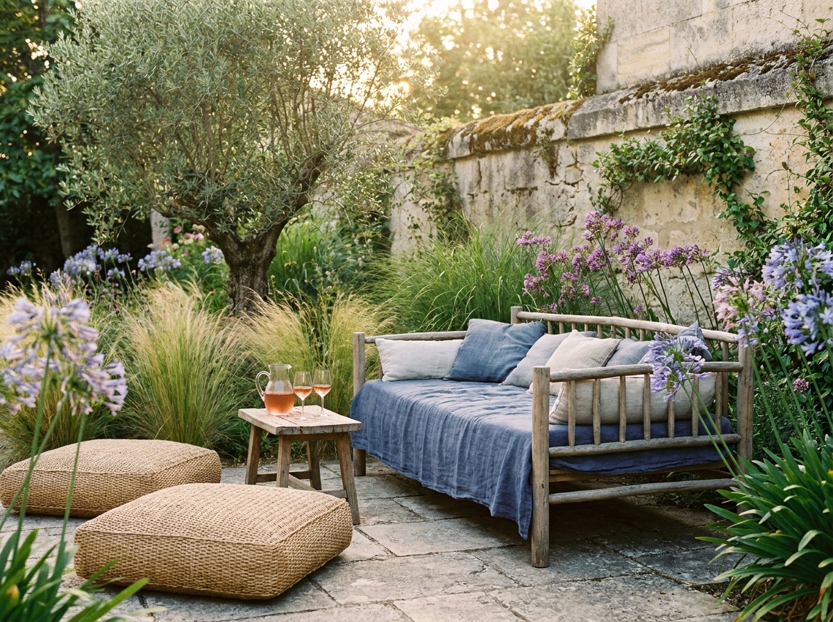 Salon de jardin extérieur confortable dans un jardin bordelais avec daybed en teck, coussins en rotin et rosé bordelais