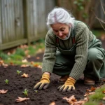 Femme jardinière semant des fèves en automne dans un potager en pleine terre avec des gants de jardinage