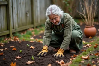 Femme jardinière semant des fèves en automne dans un potager en pleine terre avec des gants de jardinage