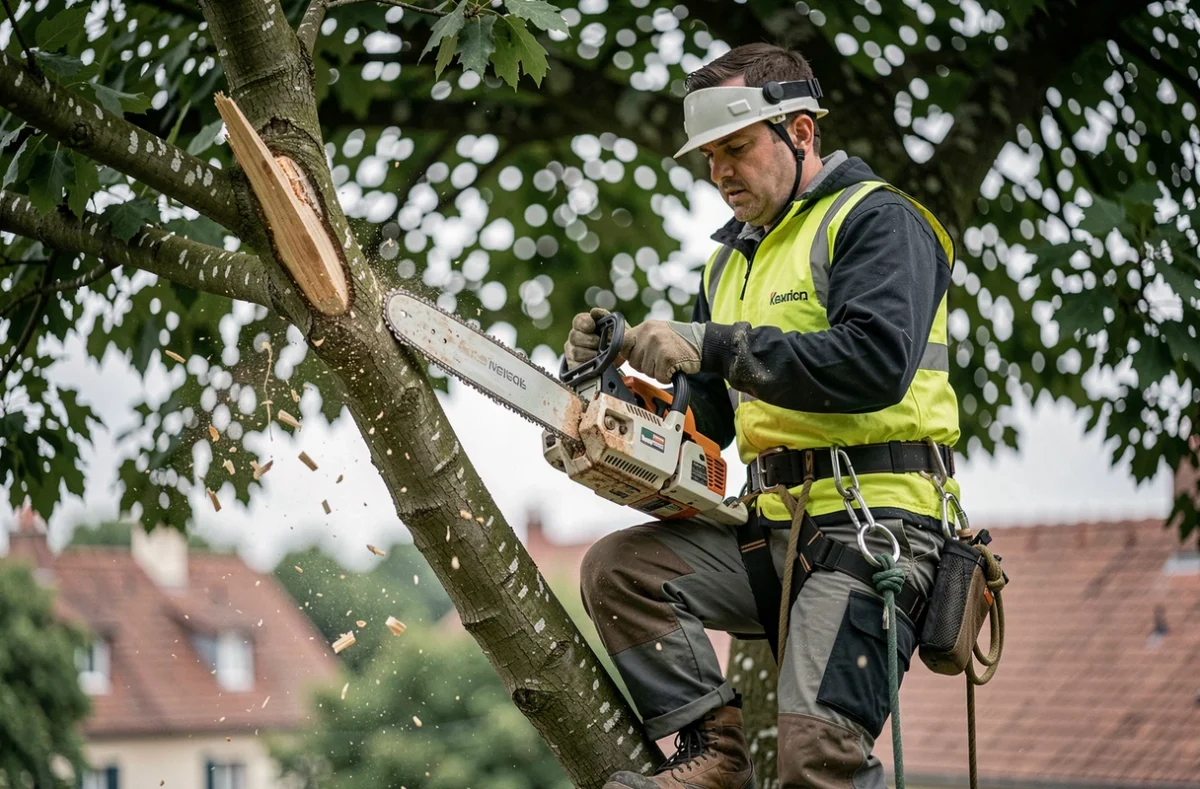 Arboriste certifié de Serpe en opération d'élagage sur arbre en milieu périurbain
