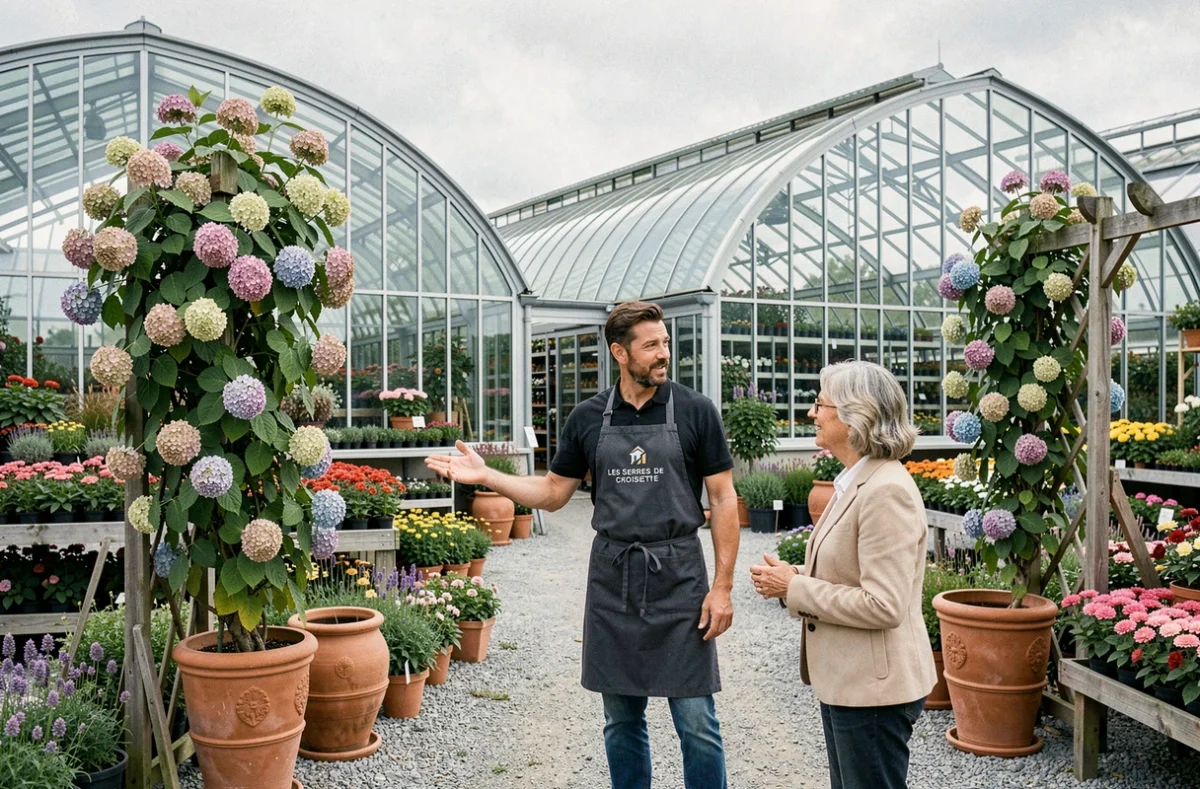 Conseiller des Serres de la Croisette présentant des hortensias grimpants à des clients