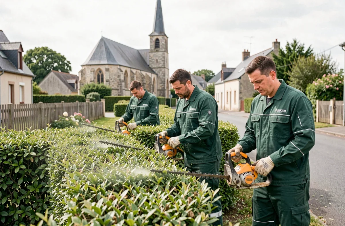 Équipe des Services Espaces Verts Villainois taillant des haies le long d'une route de village dans la Sarthe avec clocher en arrière-plan