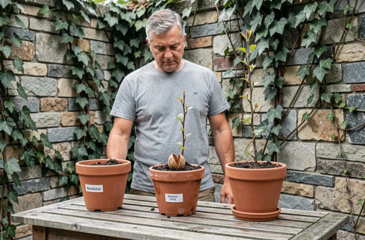 Homme observant différents stades de germination de noyaux d'abricot en jardinières sur terrasse