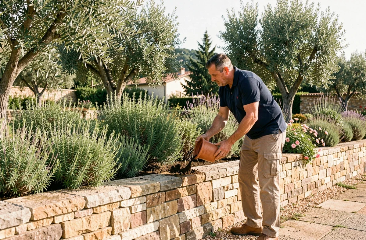 Paysagiste de Sud Ouest Paysages plantant des arbustes méditerranéens le long d'un mur en pierre dans un jardin de Haute-Garonne