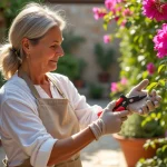 Femme taillant un bougainvillier en fleurs dans un jardin méditerranéen avec des cisailles de jardinage