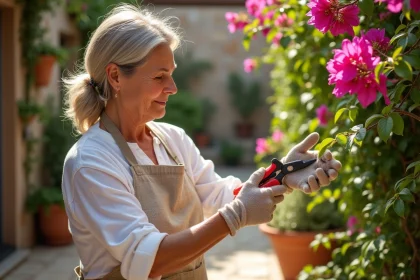 Femme taillant un bougainvillier en fleurs dans un jardin méditerranéen avec des cisailles de jardinage