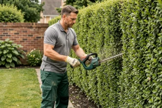 Jardinier professionnel en train de tailler une haie trois faces dans un jardin résidentiel