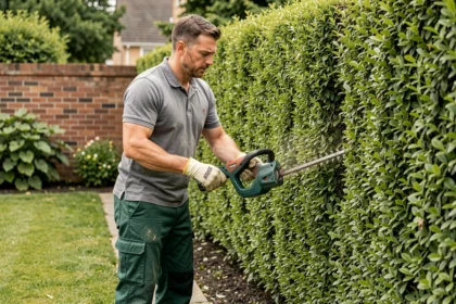 Jardinier professionnel en train de tailler une haie trois faces dans un jardin résidentiel