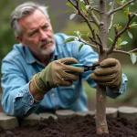 Jardinier taillant un jeune prunier de deux ans dans un jardin domestique avec un sécateur à mains gantées