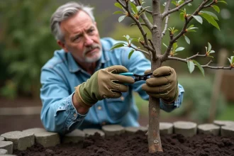 Jardinier taillant un jeune prunier de deux ans dans un jardin domestique avec un sécateur à mains gantées