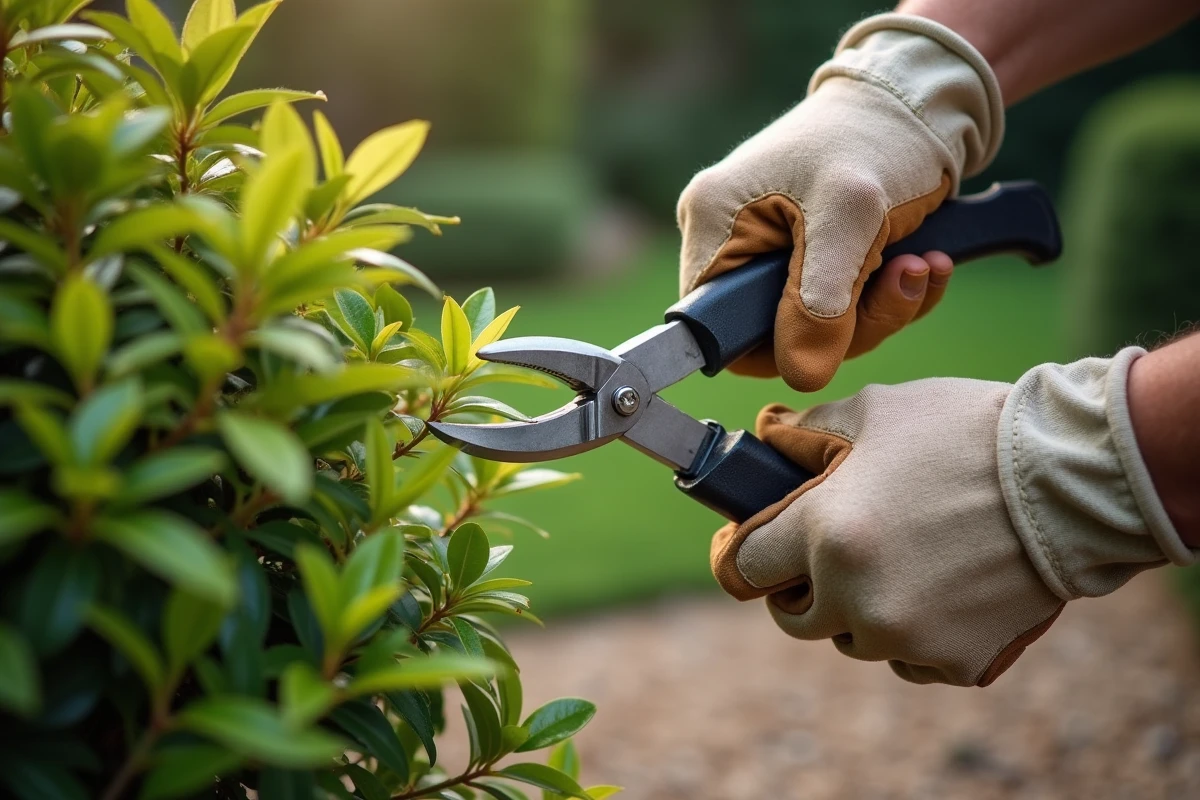 Jardinier taillant un oranger du Mexique avec un sécateur dans un jardin bien entretenu