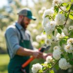 Jardinier taillant un arbre en fleurs blanches en extérieur