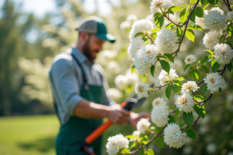 Jardinier taillant un arbre en fleurs blanches en extérieur
