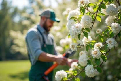 Jardinier taillant un arbre en fleurs blanches en extérieur