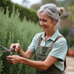 Femme taillant un romarin dans un jardin méditerranéen