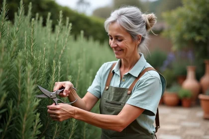Femme taillant un romarin dans un jardin méditerranéen