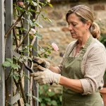 Femme taillant un rosier grimpant sur un treillage en bois dans un jardin de campagne française