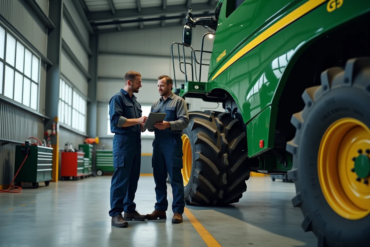 Deux techniciens agricoles consultant une application de gestion de pièces sur tablette devant une moissonneuse-batteuse dans un hangar