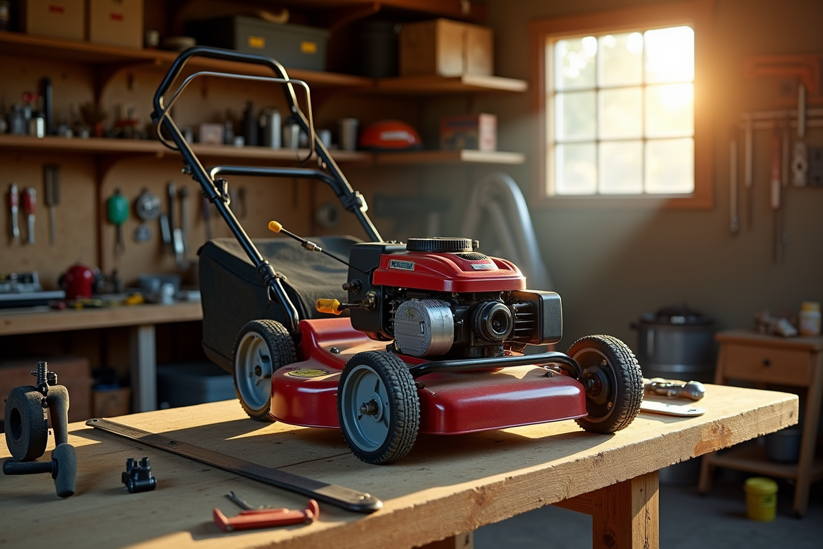 Tondeuse manuelle démontée sur un établi avec outils et lumière naturelle