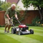 Homme tondeuse gazon jardin pavillonnaire dimanche matin règlementation bruit voisinage