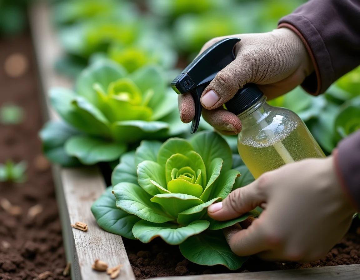 Jardinier appliquant un traitement biologique contre les chenilles vertes sur des plants de choux