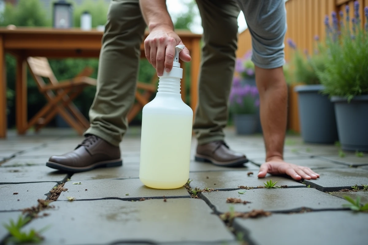 Homme appliquant une solution écologique au vinaigre blanc sur des joints de pavés autobloquants pour éliminer les mauvaises herbes