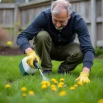 Homme appliquant un traitement sélectif herbicide sur une pelouse en printemps, accroupi sur le gazon avec un pulvérisateur à main