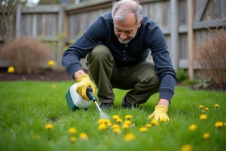 Homme appliquant un traitement sélectif herbicide sur une pelouse en printemps, accroupi sur le gazon avec un pulvérisateur à main