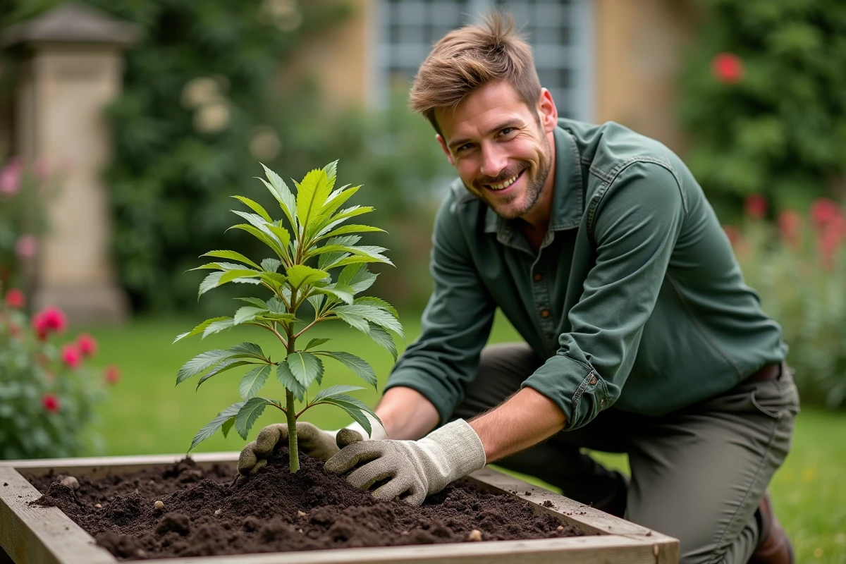 Jardinier en train de transplanter une jeune pivoine arbustive greffée dans un parterre de jardin avec sol riche et murs en pierre en arrière-plan