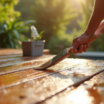 Artisan appliquant une couche hydrofuge sur une terrasse en bois