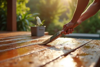 Artisan appliquant une couche hydrofuge sur une terrasse en bois
