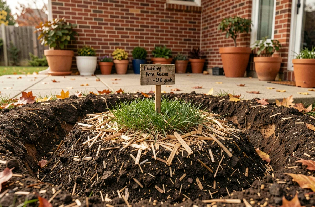 Trou de jardin comblé après rognage d'une souche d'arbre avec semis de gazon et étiquette indiquant les informations de l'arbre
