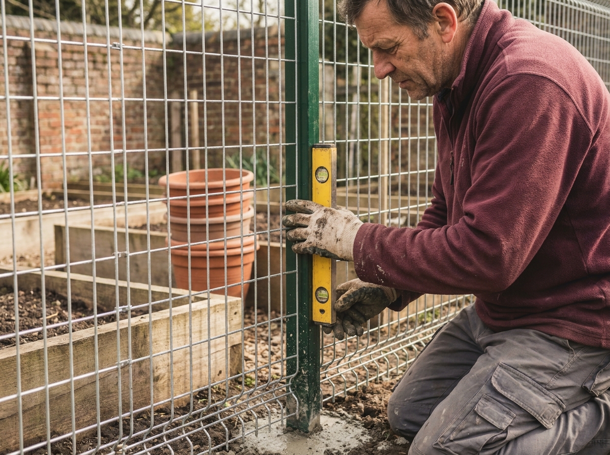 Homme vérifiant l'alignement d'un poteau de grillage soudé avec un niveau à main dans un jardin potager urbain