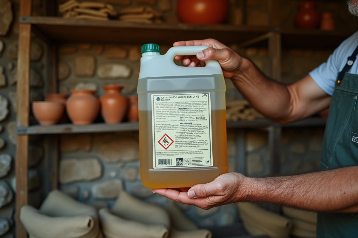 Mains d'agriculteur vérifiant le numéro de lot et le certificat portugais sur un bidon de glyphosate