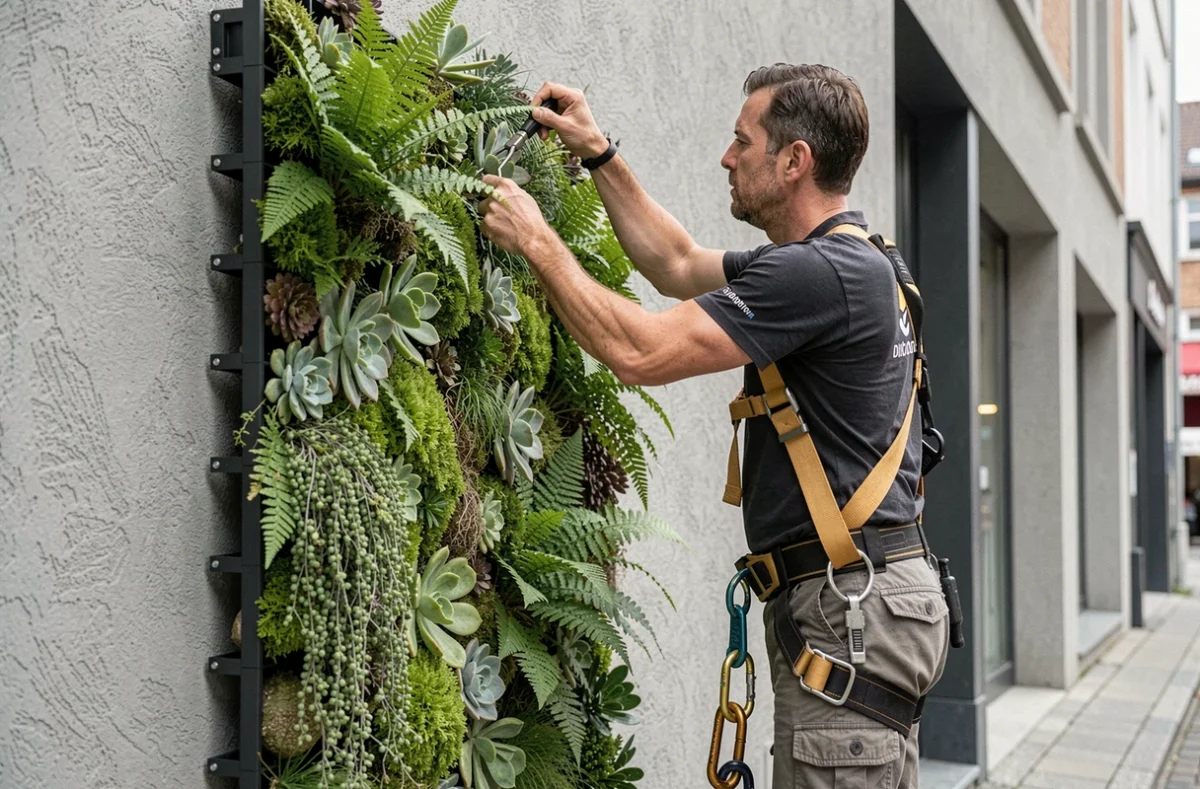 Technicien paysager de VERTICAL PAYSAGE installant des panneaux de mur végétal modulaires sur la façade d'un bâtiment moderne dans une rue de Dijon