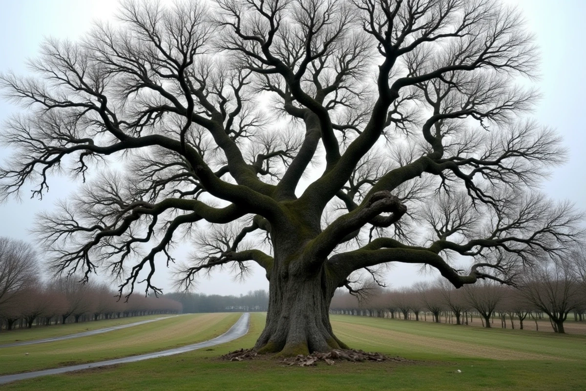 Vieux prunier centenaire aux branches noueuses et écorce lichénisée dans un verger rural français au printemps